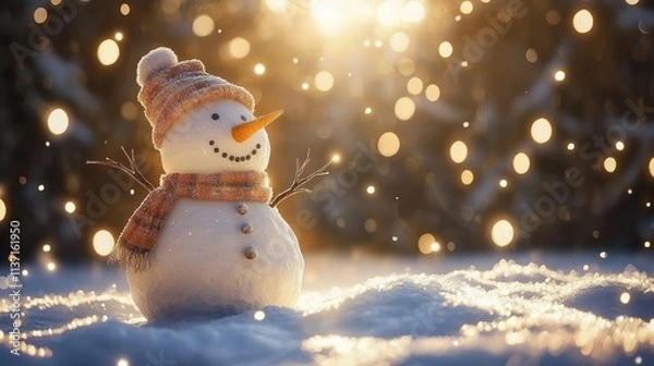 Fototapeta Cheerful Snowman in Winter Landscape with Sparkling Snowflakes
