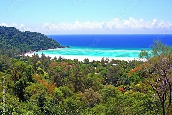 Fototapeta Tropical Paradise with Lush Green Forest and Azure Waters by Generative AI