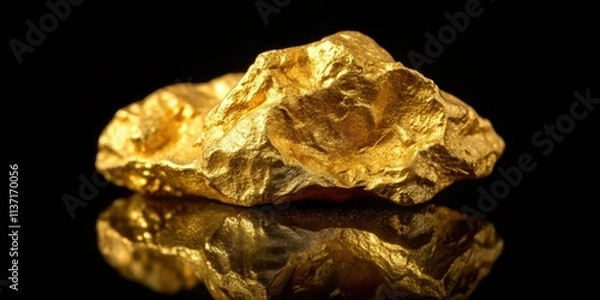Fototapeta Gold nugget isolated on a black background, gold, nugget, isolated, precious, metal, shiny, valuable, treasure, mineral, wealth