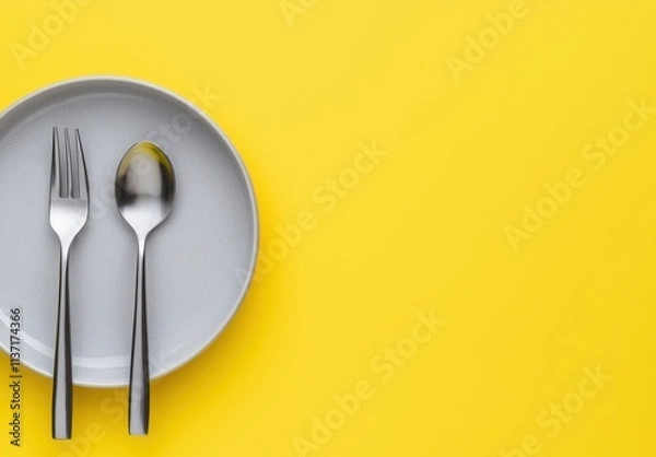 Fototapeta Cutlery on Gray Plate with Fork and Spoon Against Yellow Background