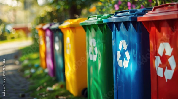 Obraz Collection of waste bins full of different types of garbage, recycling and separate waste collection concept