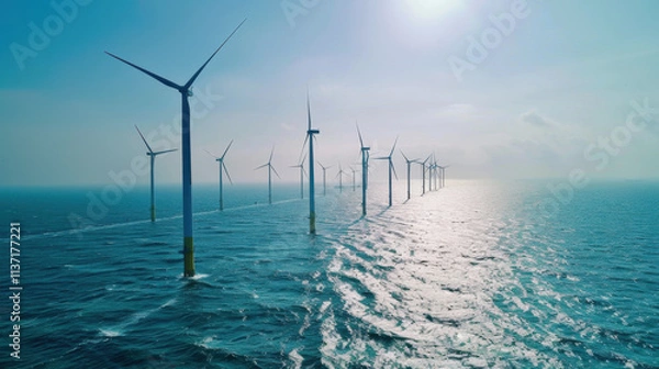 Obraz Windmill park in the ocean, drone aerial view