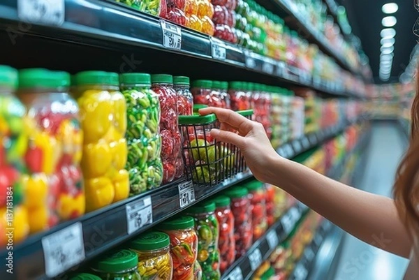 Fototapeta Close-Up of Hand Reaching for Grocery Items in Store