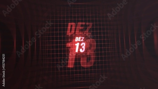 Fototapeta 13 Dezembro. Calendar with number and month in neon red with grid background. 4k. 