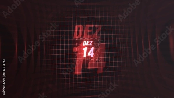 Fototapeta 14 Dezembro. Calendar with number and month in neon red with grid background. 4k. 