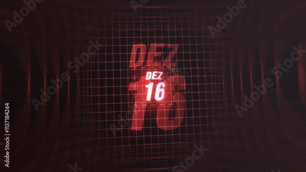 Fototapeta 16 Dezembro. Calendar with number and month in neon red with grid background. 4k. 