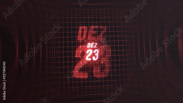 Fototapeta 23 Dezembro. Calendar with number and month in neon red with grid background. 4k. 