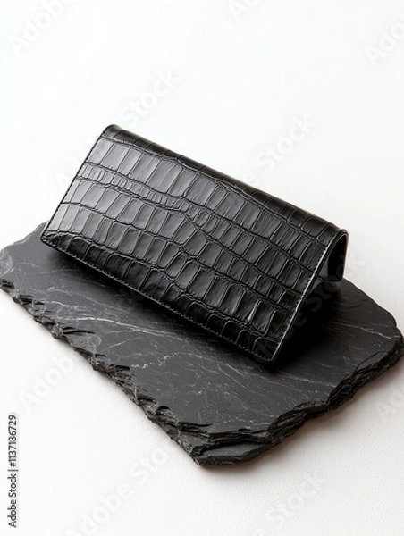 Fototapeta A sleek black wallet with a crocodile texture, resting on a dark slate surface, showcasing luxury and elegance in design.