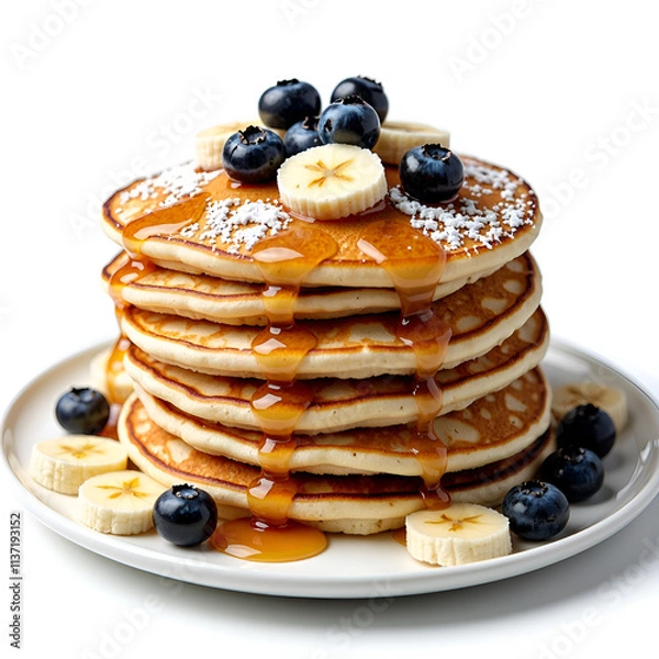 Fototapeta A tall stack of pancakes topped with fresh blueberries and banana slices drizzled with maple syrup, photography of food concept.
