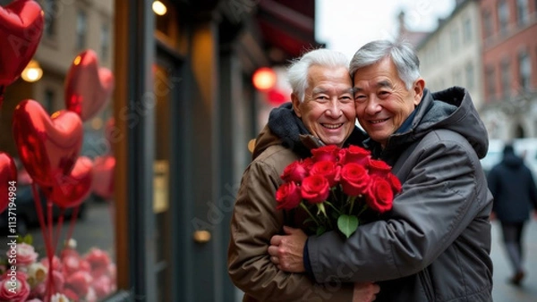 Fototapeta elderly gray-haired man in a gray winter jacket hugs an old gray-haired happy man in a brown jacket with a bouquet of red roses on the background of flower shop with heart-shaped balloon