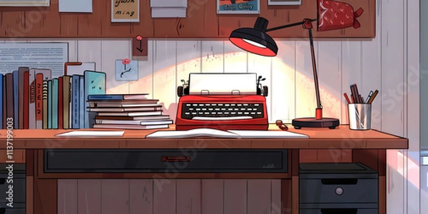 Fototapeta Illustration of a Writer's Desk with Typewriter and Books