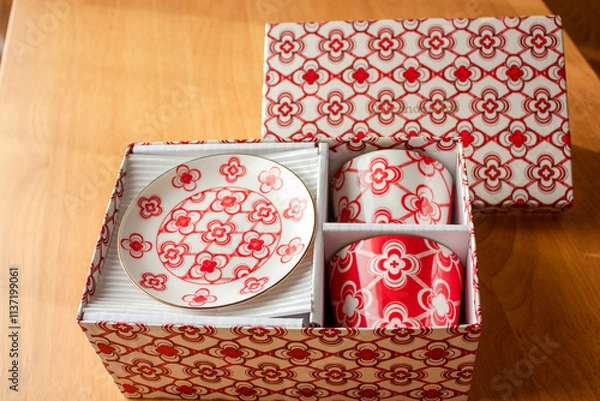 Fototapeta 紅白　ペアの湯呑み茶碗　お祝い
