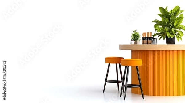 Fototapeta Modern Orange Bar Counter Two Stools Plants Minimalist Interior Design
