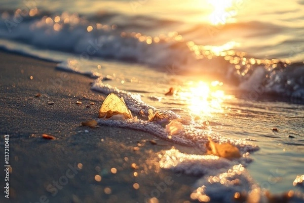 Fototapeta Marine litter washed ashore by waves, glistening in the sunlight , Generative AI
