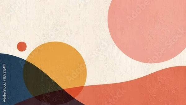 Obraz this abstract art piece showcases a harmonious blend of shapes and colors, featuring overlapping circles in hues of orange, gray, blue, and pink. the textured background adds depth to the
