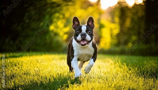 Fototapeta 笑顔で芝生の上を駆ける犬