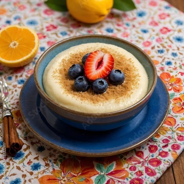 Fototapeta "Sweet Semolina Pudding: A Touch of Cinnamon and Fresh Fruit on a Vibrant Table Setting"