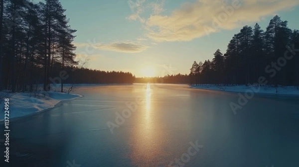 Fototapeta Finland dawn light over a frosted forest lake, serene reflections of golden skies and towering pines.
