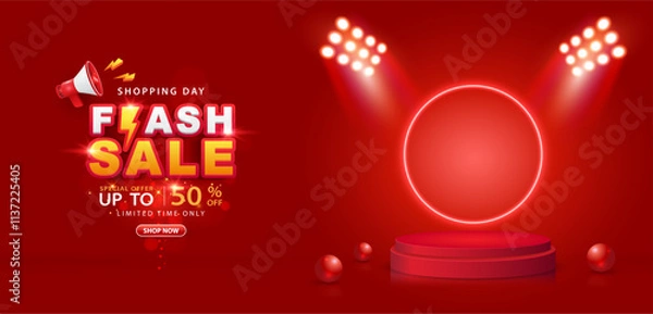 Fototapeta Flash sale with 3d podium and glowing circular neon lights. Vector illustration for shopping day promotion, special Offer, voucher, banner template, websites, social media advertising.
