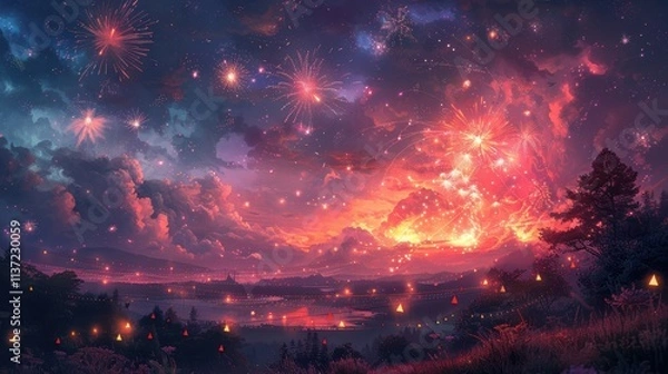 Fototapeta A festive night scene with colorful fireworks lighting up the sky and strings of triangular flags waving in the wind. The night is alive with bright hues of purple, orange, 