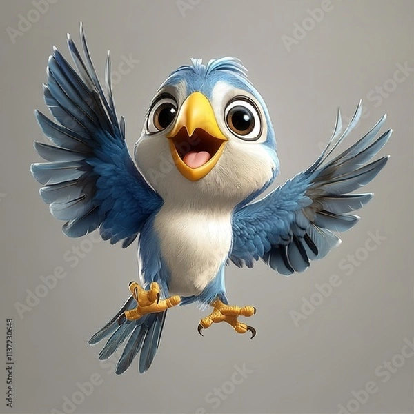 Fototapeta Cartoon bird with blue and white feathers is flying in the air