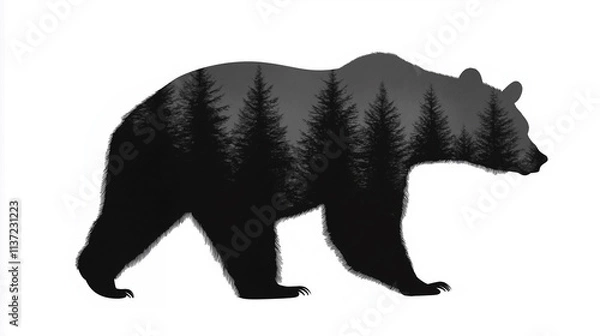 Fototapeta Bear silhouette walking with conifer forest inside