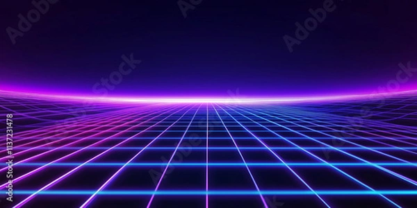 Fototapeta Retro neon grid landscape glowing with purple and blue lights