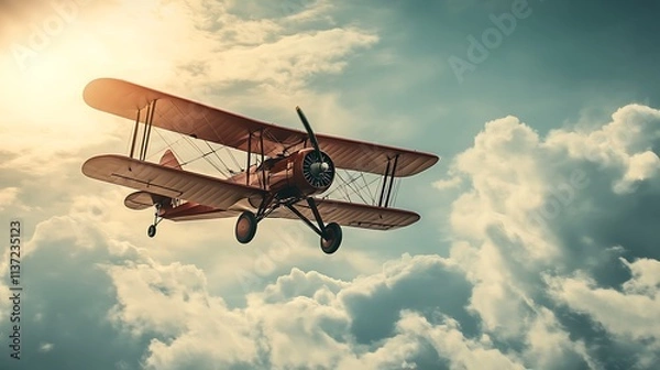 Obraz Red biplane soaring through fluffy white clouds