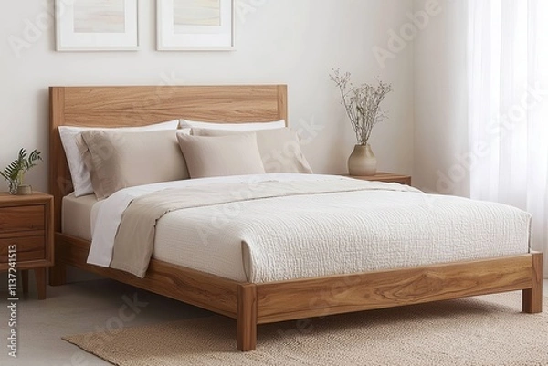 Fototapeta A cozy, modern bedroom featuring a wooden bed frame, neutral bedding, and minimalistic decor for a serene atmosphere.
