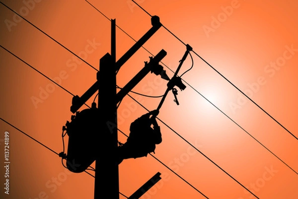 Fototapeta The power lineman use clamp stick (insulated tool) to closing a transformer on energized high-voltage electric power lines. The power lineman must be trained because it is a risky job.	