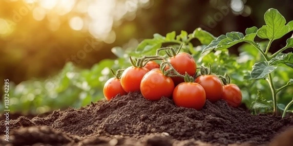 Fototapeta Fresh Red Tomatoes Resting Beautifully on a Rich Soil Mound in a Lush Garden Under Warm Sunlight