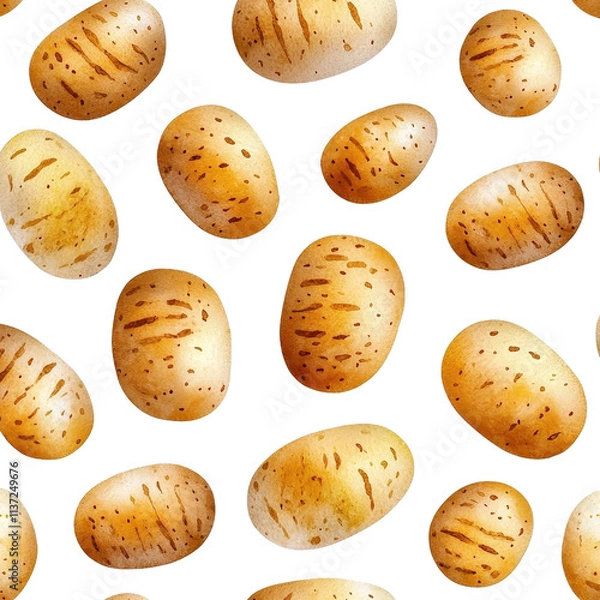 Fototapeta Watercolor seamless pattern of baked potatoes, isolated on a white background, artistic and charming. cutout png