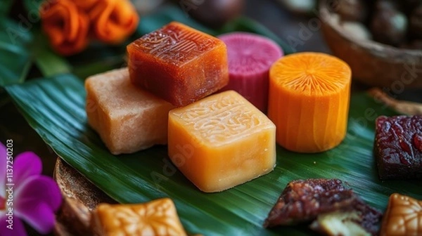 Fototapeta Elegant Presentation of Sinhalese Sweets Arranged on Banana Leaf with Colorful Delights and Traditional Patterns