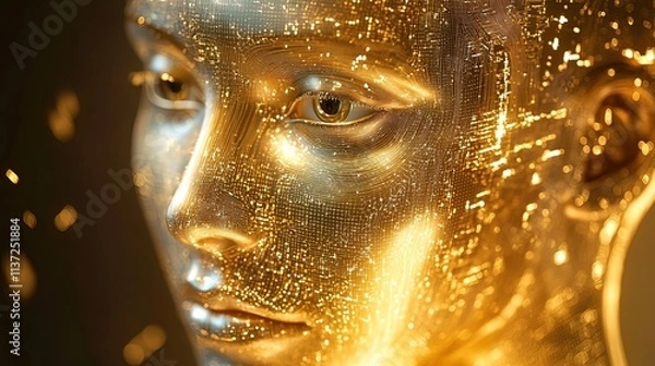 Fototapeta Close-up of a metallic, golden female face with glowing particles, futuristic and elegant.