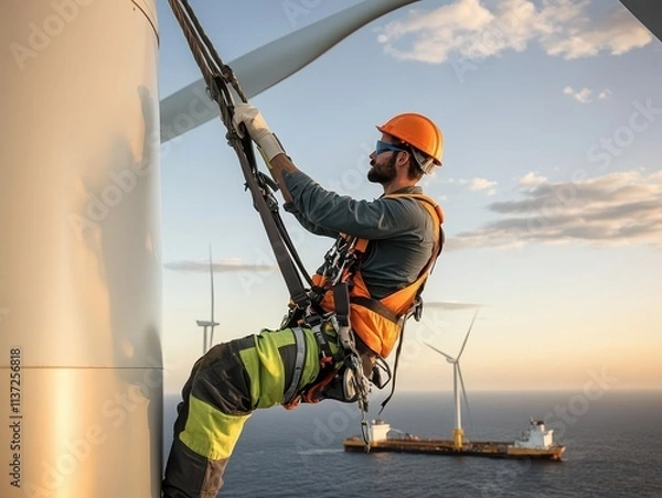 Fototapeta A wind turbine technician ascends a structure, wearing safety gear, against a backdrop of ocean and wind farms during sunset.