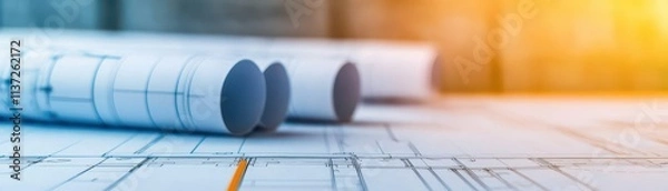Fototapeta A close-up view of architectural blueprints rolled on a table, showcasing detailed designs and measurements in a well-lit environment.