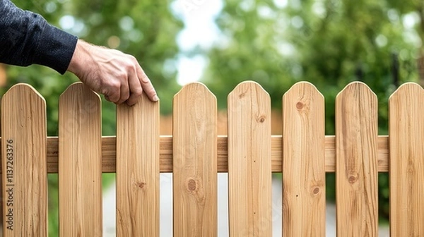 Fototapeta Homeowner checking alignment of a wooden gate, ensuring smooth operation, Gate fence wood maintenance, functional adjustments