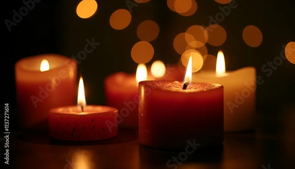 Fototapeta Advent Candles Glowing in Darkness with Glittering Flames and Bokeh Lights