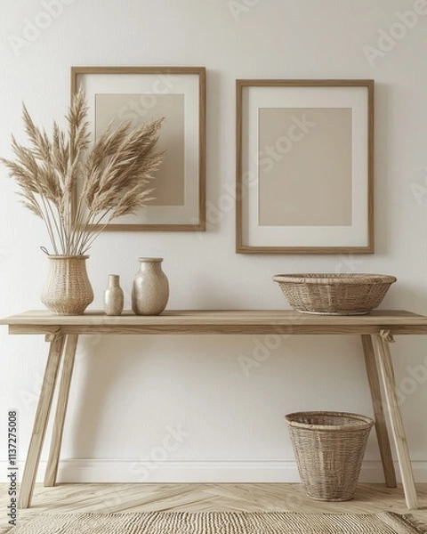 Fototapeta Simple Scandinavian console table with a blank poster frame in a light-colored interior.