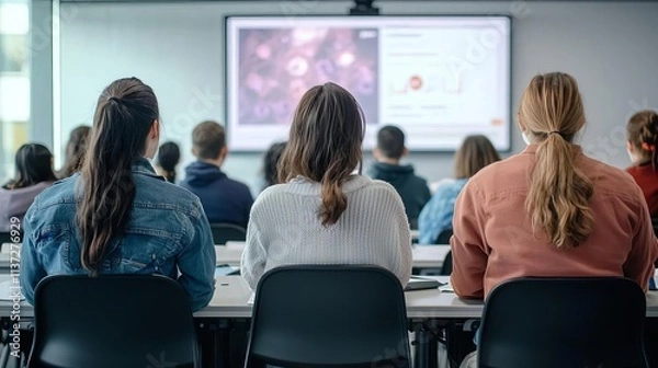 Fototapeta A diverse group of students attentively listening to a lecture in a modern classroom setting.