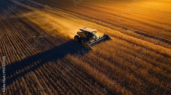 Fototapeta Aerial view of a combine harvester in action on a golden wheat field during sunset, showcasing agricultural productivity.