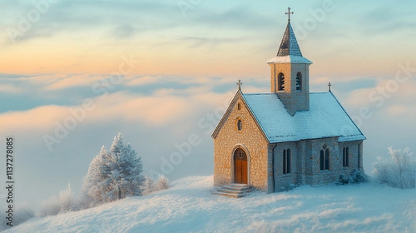 Fototapeta church emerging from the clouds symbolizes spiritual elevation, purity, and divine connection, representing transcendence and a higher connection with the divine amidst chaos