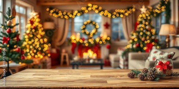 Fototapeta Empty wood table with a blurred Christmas living room in the background, creating a cozy and festive atmosphere, holiday, living room