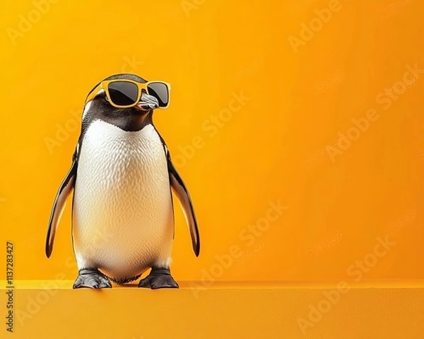 Fototapeta A stylish penguin wearing sunglasses against a vibrant orange background, showcasing a fun and playful attitude.