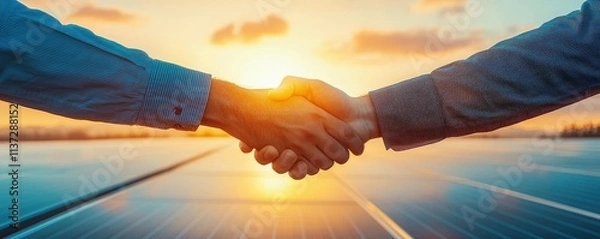 Fototapeta Business Partnerships Driving Awareness for an Eco-Friendly Environment concept. Handshake at sunset over solar panels symbolizing partnership.