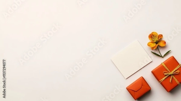 Fototapeta Empathy-Driven Marketing Strategies to Connect with Audiences, Flat lay of orange gifts, a blank card, and a flower on a light background, perfect for celebrations.