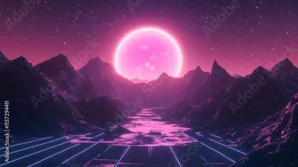 Obraz Retro futuristic landscape with a glowing pink moon and neon lines.