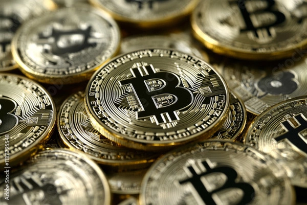 Fototapeta Bitcoin coins stacked together reflecting the rise of cryptocurrency in the digital economy