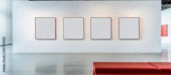 Fototapeta Modern gallery space with four empty canvases displayed against white walls, and a red bench.