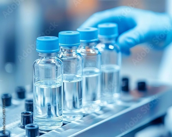 Fototapeta Close-up of glass vials being handled in a lab, showcasing precision in scientific experimentation and research.